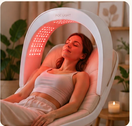 A relaxed person enjoying a red light wellness session