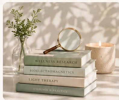 Wellness research books, magnifying glass and candle